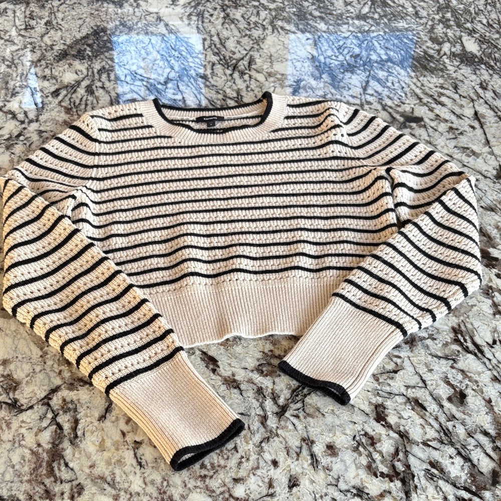Express Women's Open Knit, Cropped, Striped Crew Neck Sweater